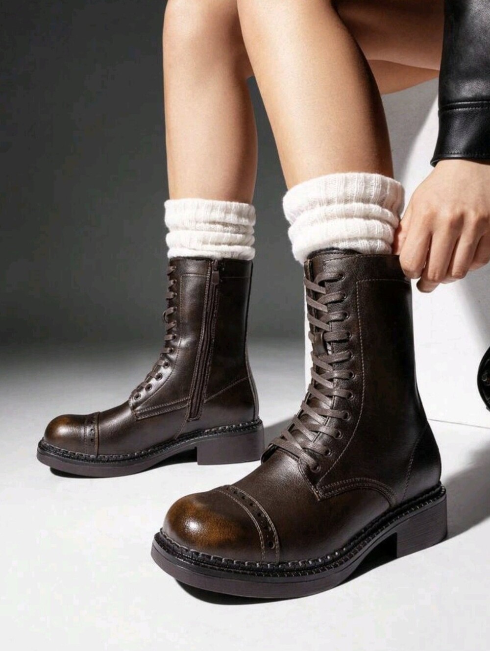 Women's Mid-Calf Boots Fashion Motorcycle Boots Square Toe Lace-Up Riding Brown - Picture 3 of 7